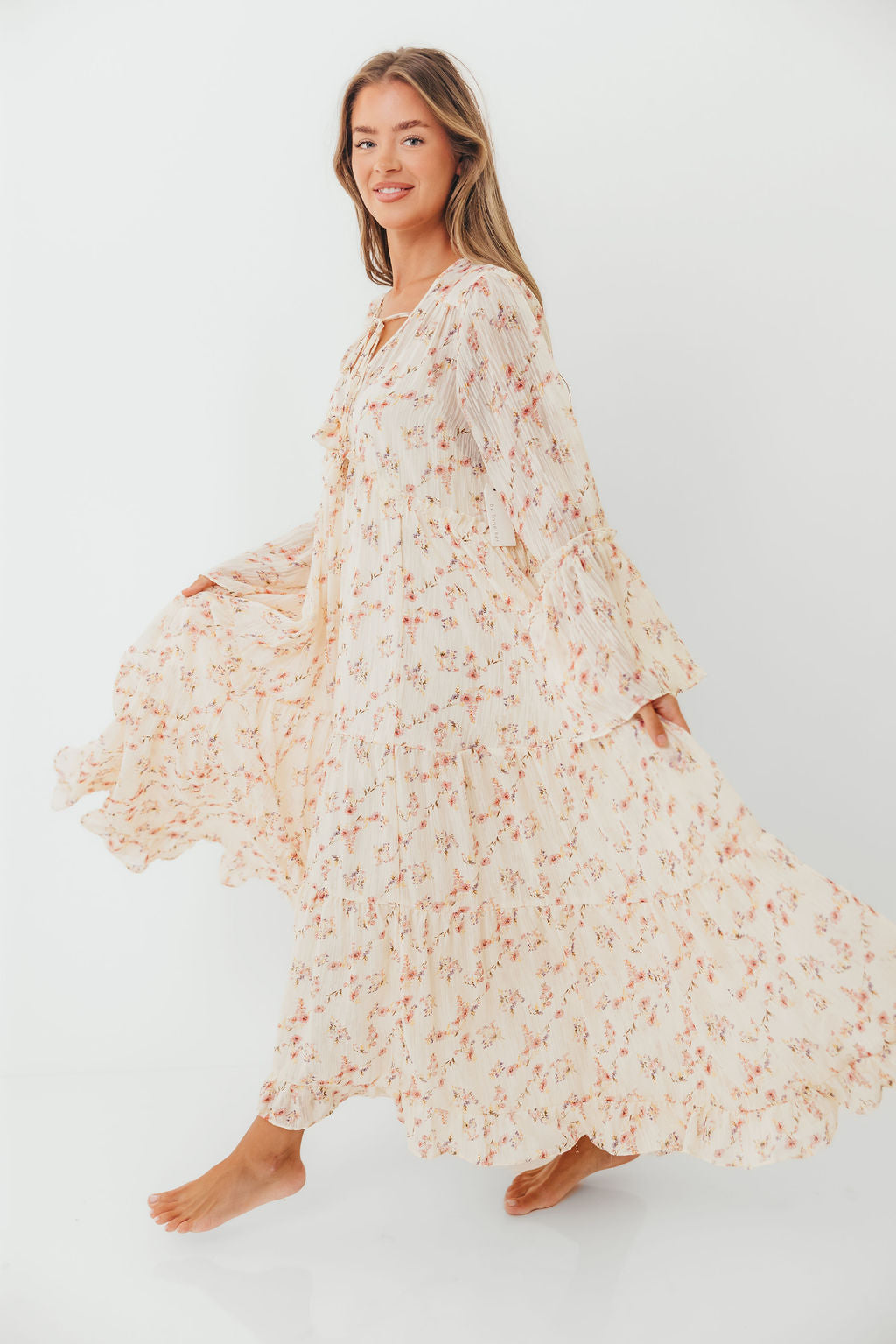 Lisa Woven Floral V-Neck Maxi Dress with Detachable Liner in Cream Multi - Bump Friendly