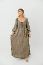 Cecilia 100% Cotton Smocked Maxi Dress in Olive Foliage - Bump Friendly