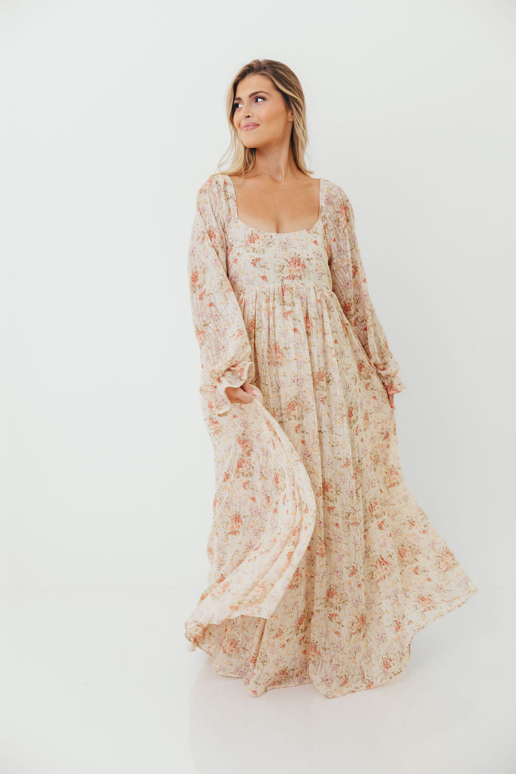 Rosey Woven Floral Print Empire Maxi Dress in Cream Multi - Bump Friendly