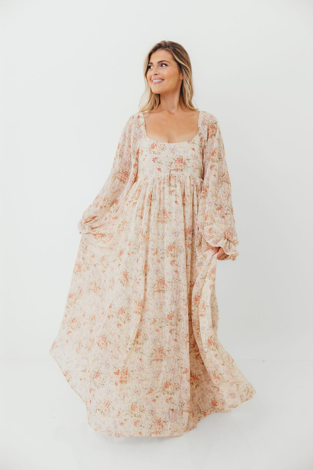 Rosey Woven Floral Print Empire Maxi Dress in Cream Multi - Bump Friendly