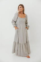Emerson 100% Cotton Smocked Maxi Dress with Long Sleeves in Gray Sky - Bump Friendly