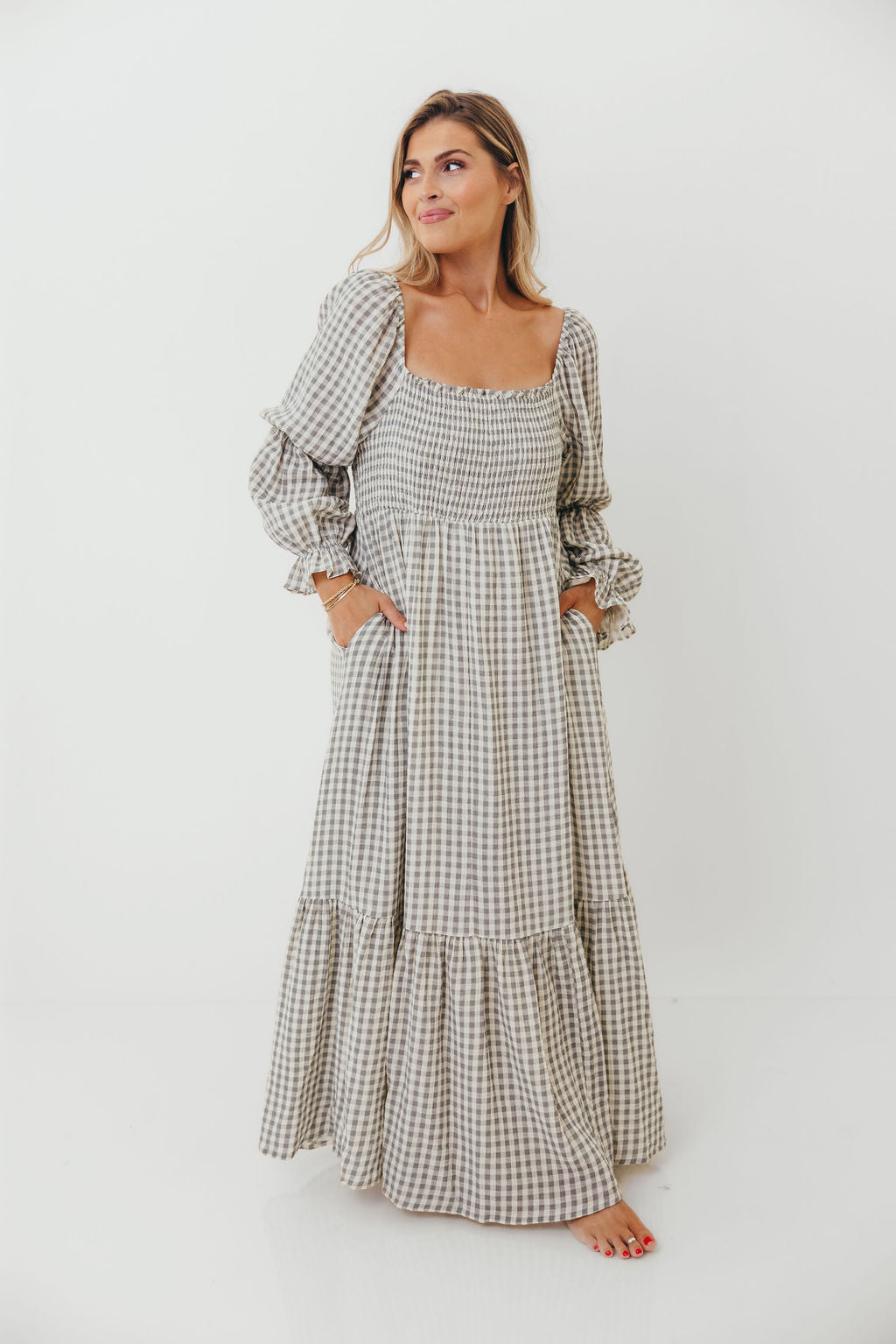 Emerson 100% Cotton Smocked Maxi Dress with Long Sleeves in Gray Sky - Bump Friendly