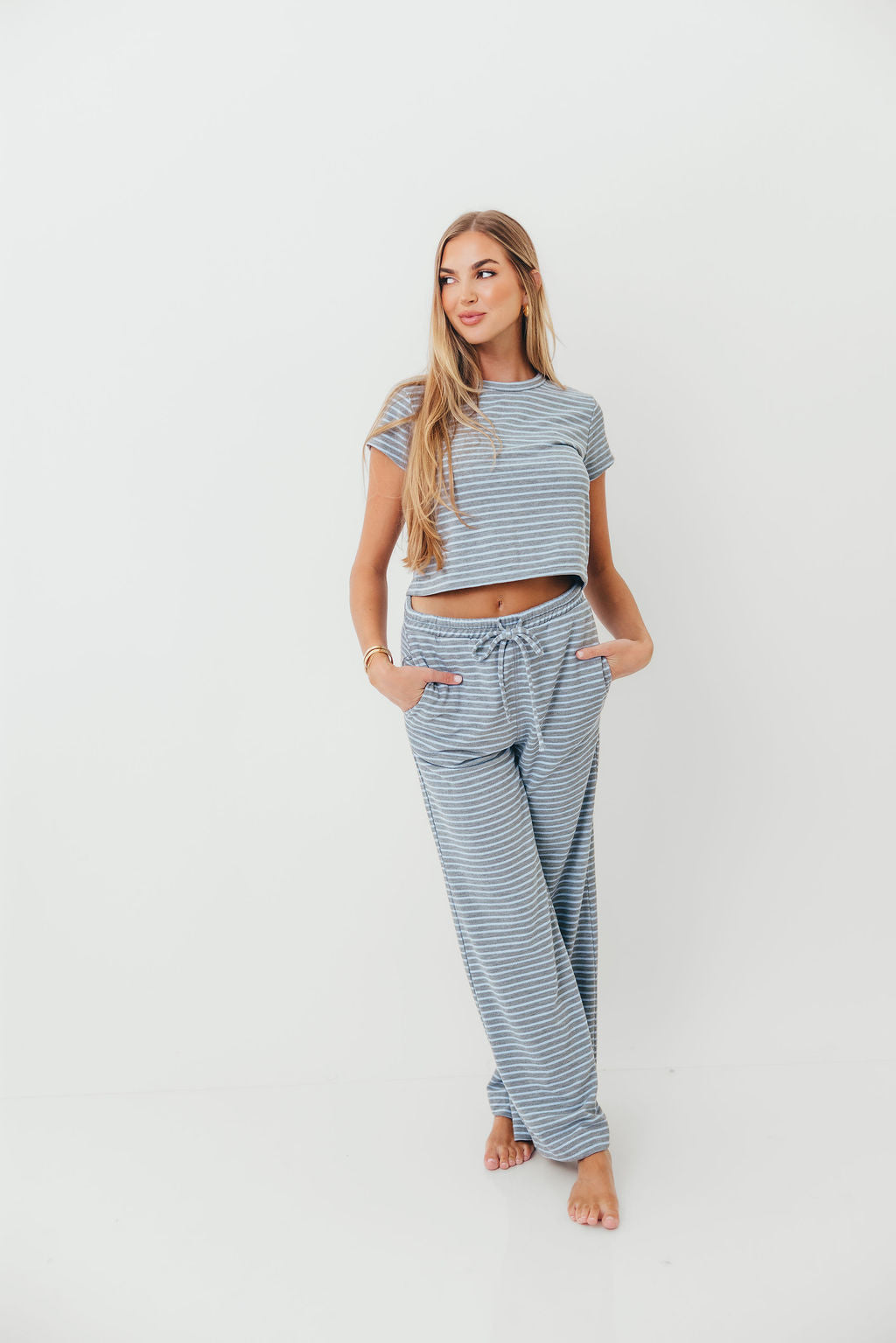 Find Your Soft Striped Top and Flare Pants Set in Grey Blue