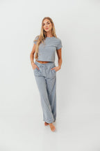 Find Your Soft Striped Top and Flare Pants Set in Grey Blue