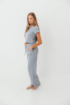 Find Your Soft Striped Top and Flare Pants Set in Grey Blue