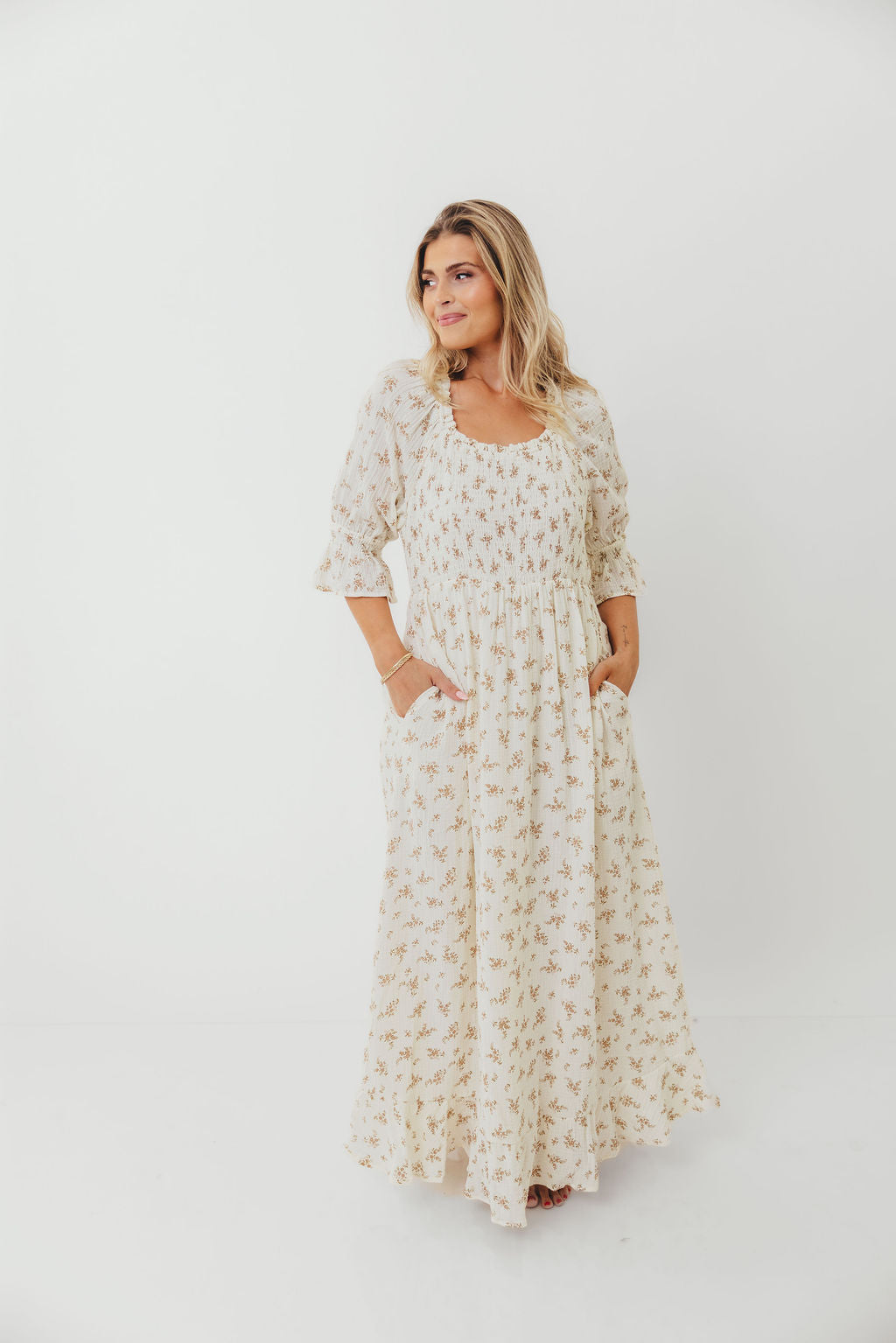 Sienna 100% Cotton Puff Sleeve Maxi Dress in Cream - Bump Friendly