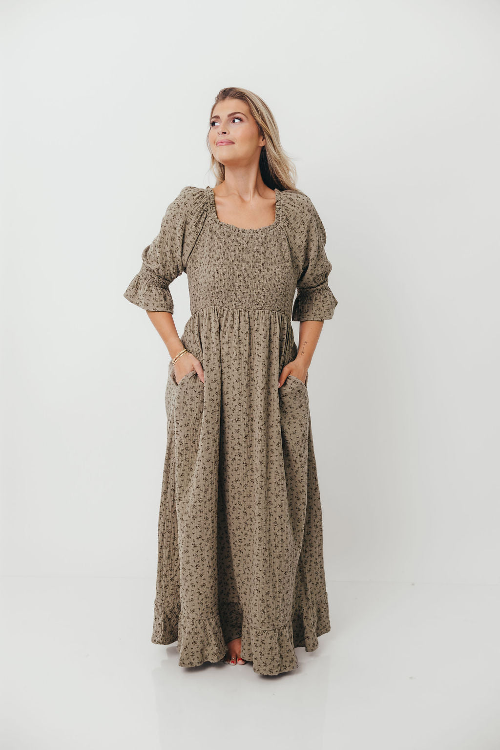 Sienna 100% Cotton Puff Sleeve Maxi Dress in Olive Foliage - Bump Friendly