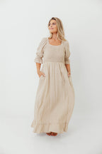 Sienna 100% Cotton Puff Sleeve Maxi Dress in Natural Plaid - Bump Friendly *12/22 PRE-ORDER*