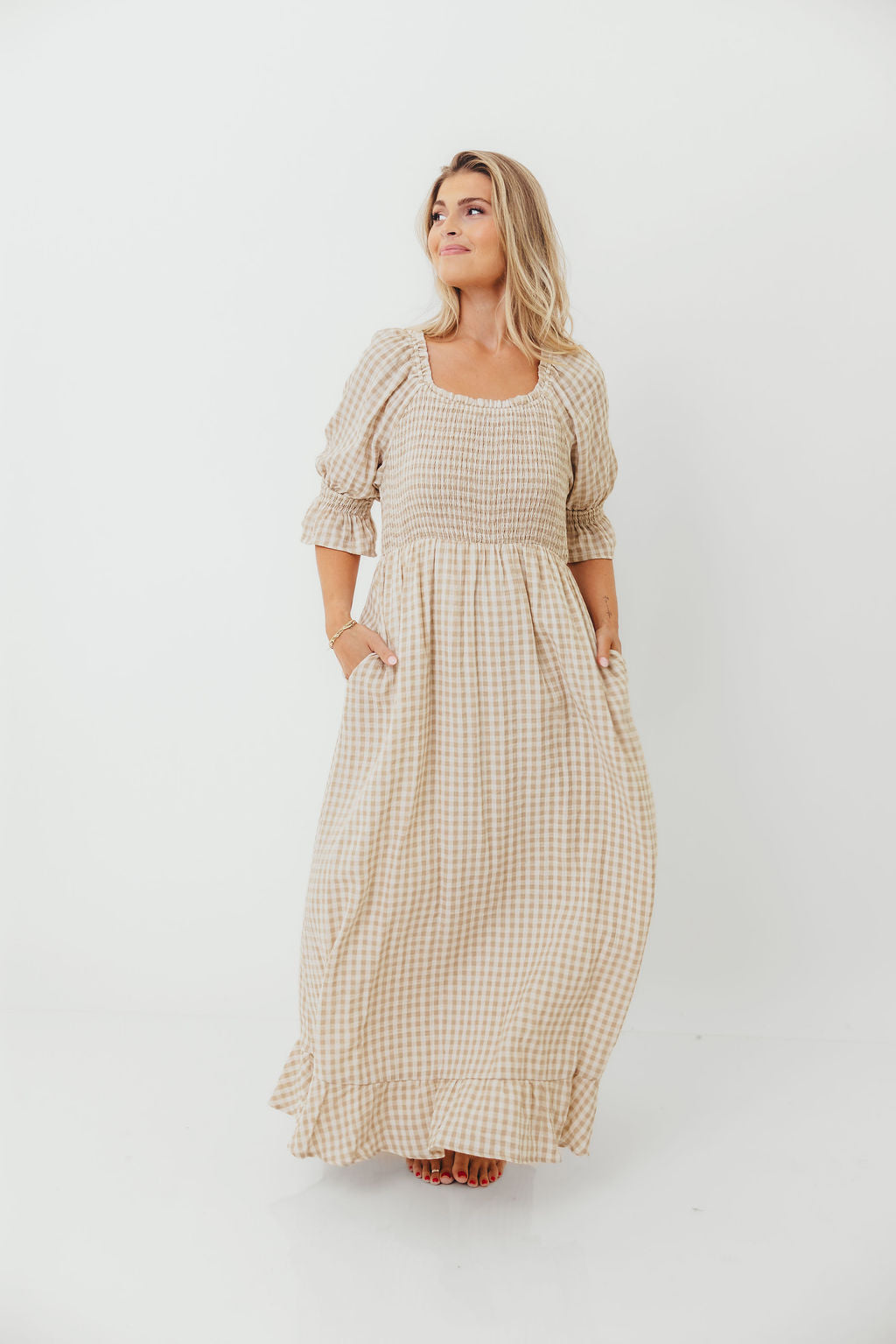 Sienna 100% Cotton Puff Sleeve Maxi Dress in Natural Plaid - Bump Friendly *12/22 PRE-ORDER*