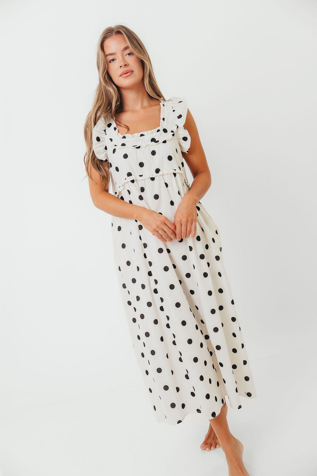 Julia 100% Cotton Polka Dot Midi Dress in Cream/Black