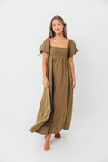 Candace Woven Linen Maxi Dress in Dark Olive - Bump Friendly