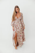 Daphne Long Sleeve Maxi Dress in Pink/Beige Multi Floral - Bump Friendly