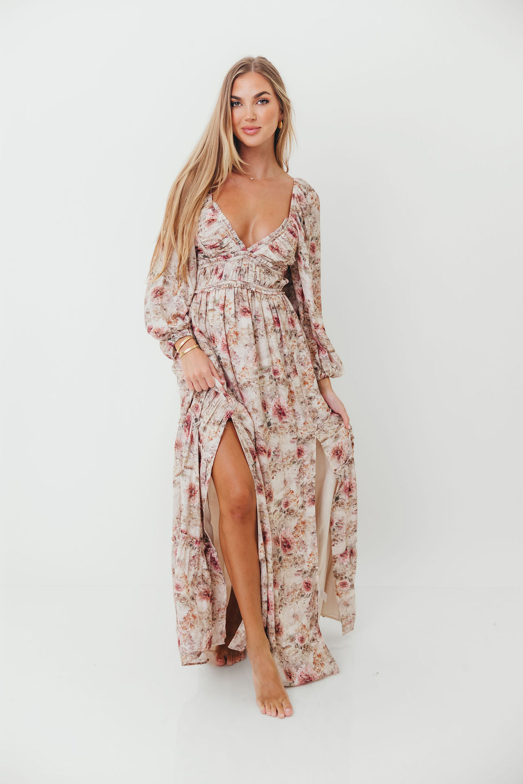 Daphne Long Sleeve Maxi Dress in Pink/Beige Multi Floral - Bump Friendly