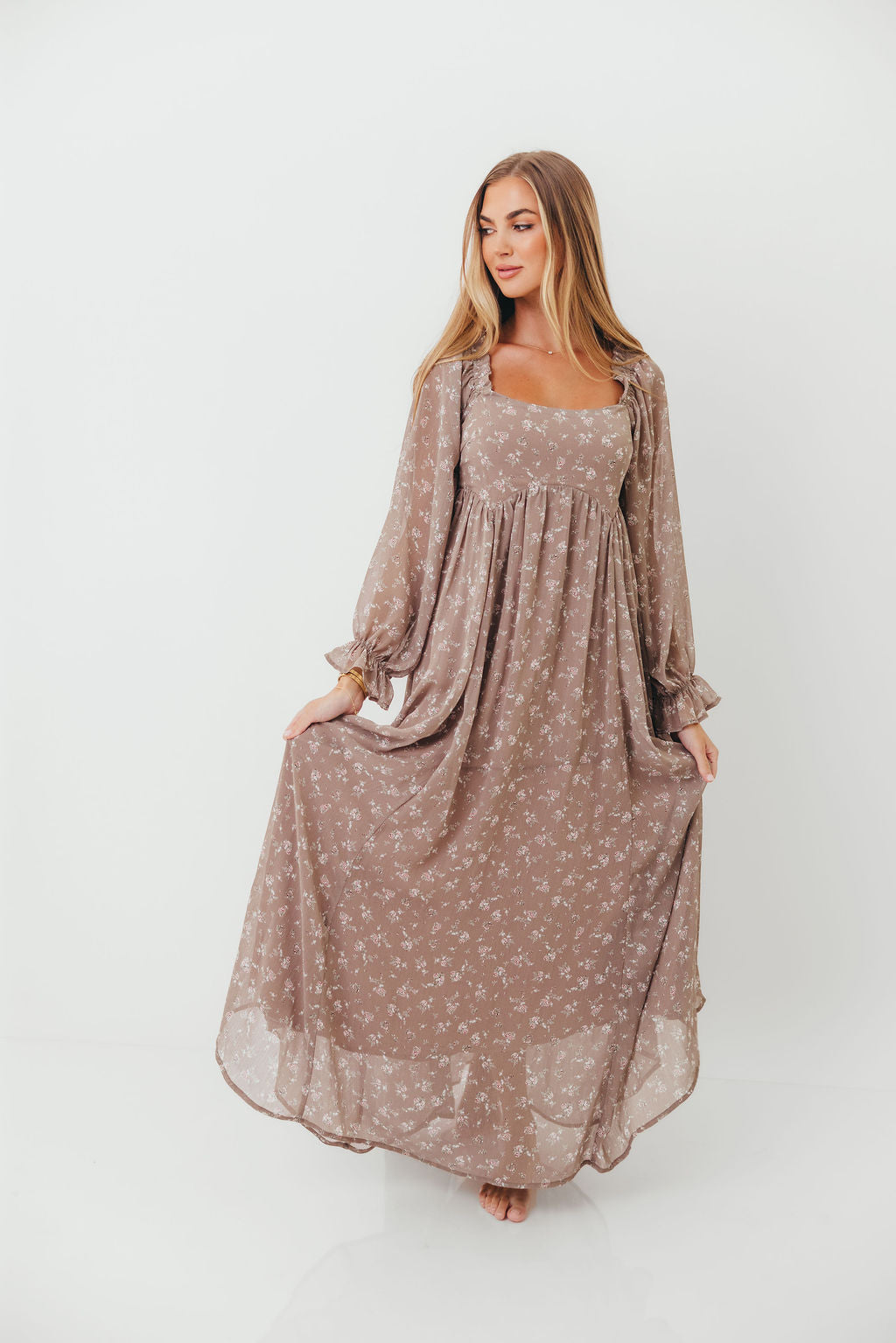 Amy Floral Long Sleeve Maxi Dress in Mocha Multi - Bump Friendly