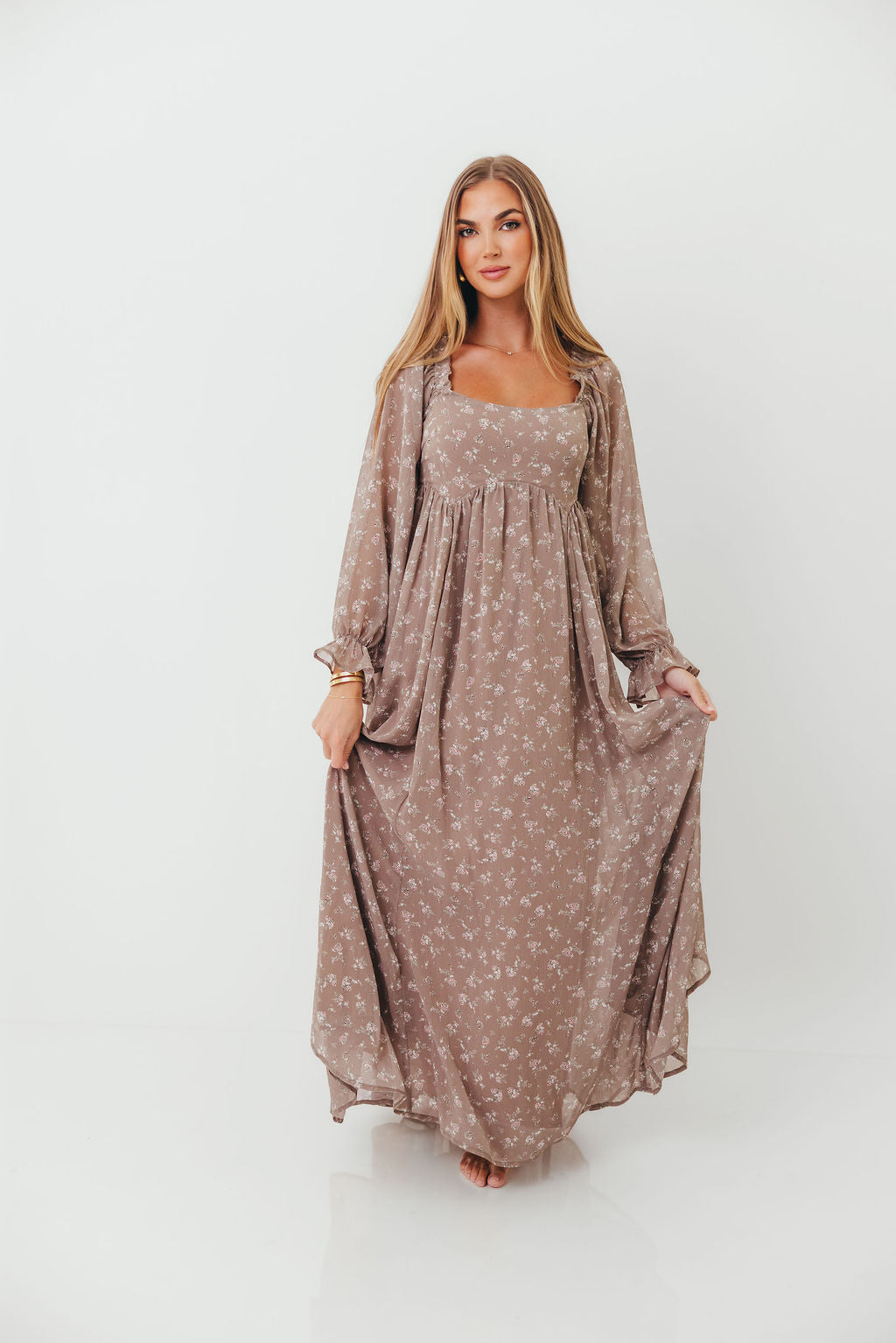Amy Floral Long Sleeve Maxi Dress in Mocha Multi - Bump Friendly