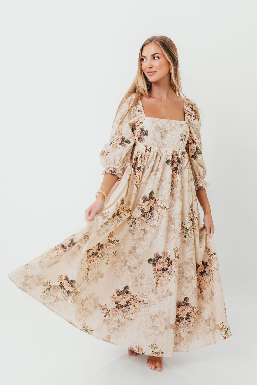 Mona Maxi Dress with Smocking in Cream/Beige Floral - Bump Friendly