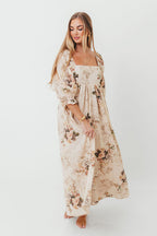 Mona Maxi Dress with Smocking in Cream/Beige Floral - Bump Friendly
