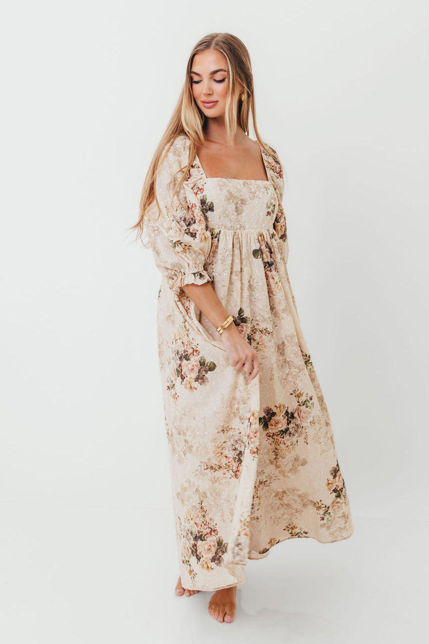 Mona Maxi Dress with Smocking in Cream/Beige Floral - Bump Friendly