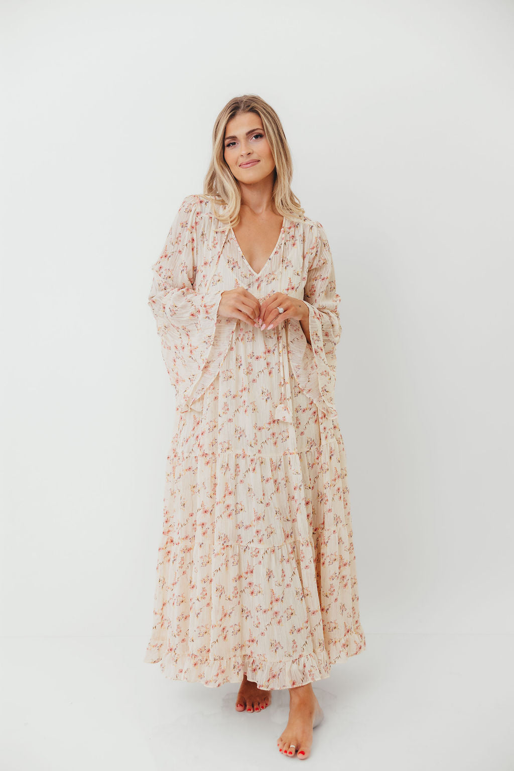 Lisa Woven Floral V-Neck Maxi Dress with Detachable Liner in Cream Multi - Bump Friendly
