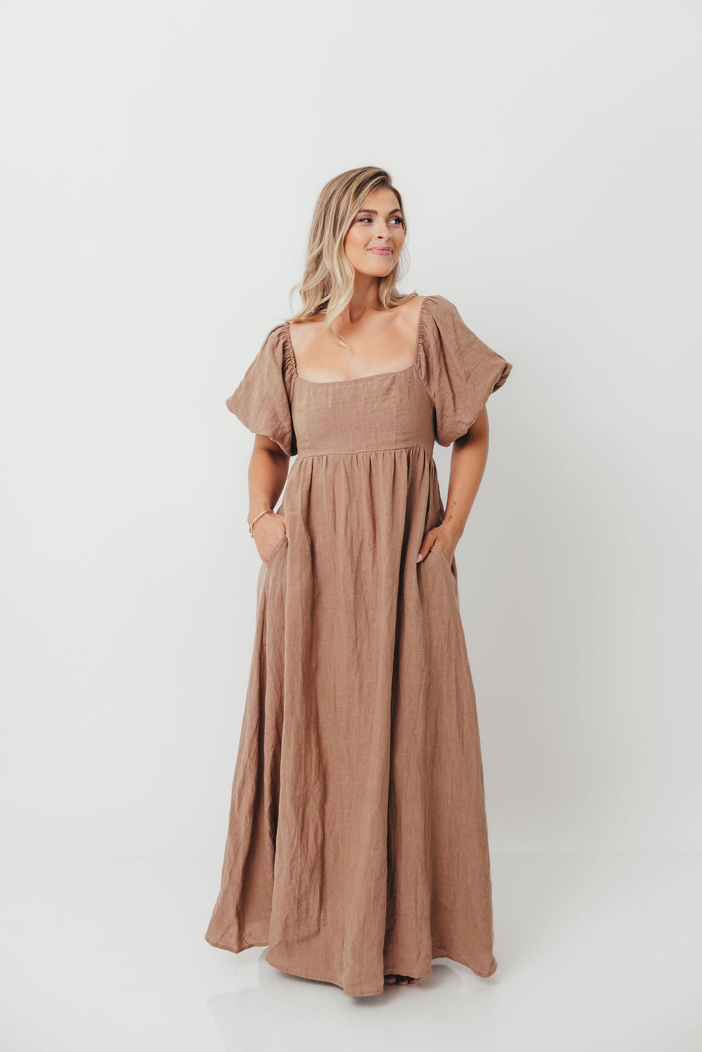 Candace Woven Linen Maxi Dress in Mocha - Bump Friendly