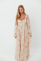 Rosey Woven Floral Print Empire Maxi Dress in Cream Multi - Bump Friendly