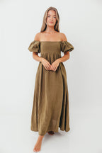 Candace Woven Linen Maxi Dress in Dark Olive - Bump Friendly
