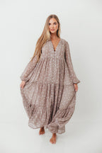 Anna Floral Print Button Front Duster Maxi W/Slip in Mocha Multi - Bump Friendly