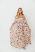 Mona Maxi Dress with Smocking in Pink/Beige Multi Floral - Bump Friendly